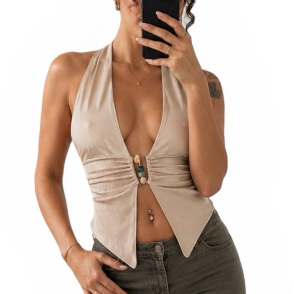 y2k Rave Clubwear Halter Top Size L Slinky Stretchy Revealing Sexy Beaded